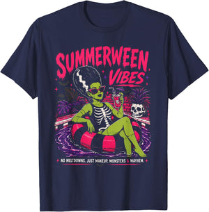Summerween Vibes Funny Summer Vacation Spooky Summer Ghoul T-Shirt - T-Shirt | Navy