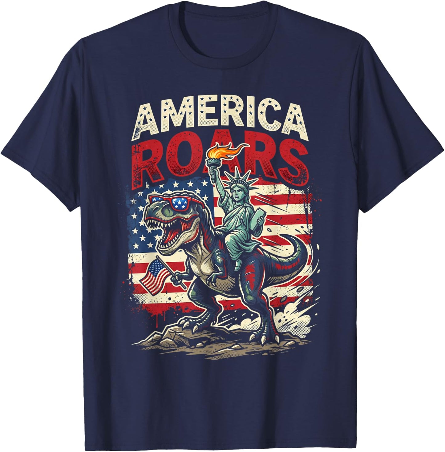 Statue of Liberty American Dinosaur Funny 4th of July Boys T-Shirt - T-Shirt | Navy