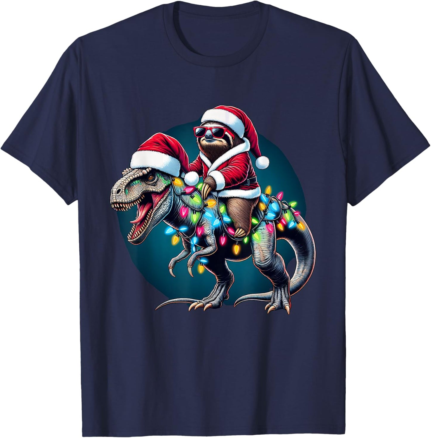 Christmas Lights Sloth Riding T Rex T-Shirt - T-Shirt | Navy