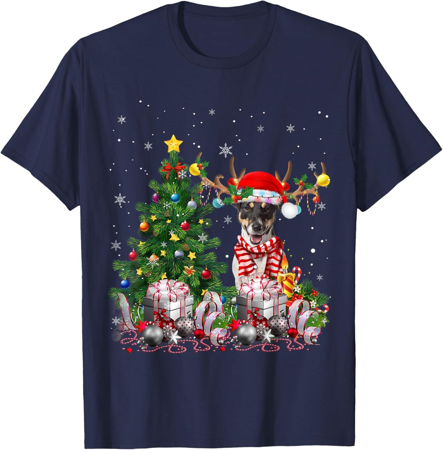 Jack Russell Terrier Christmas Tree Light Santa Pajamas Xmas T-Shirt - T-Shirt | Navy
