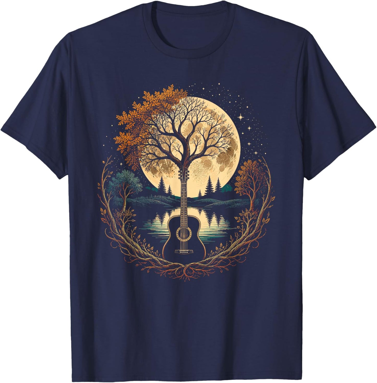 Acoustic Guitar Tree By The Lake Autumn Moon T-Shirt - T-Shirt | Navy