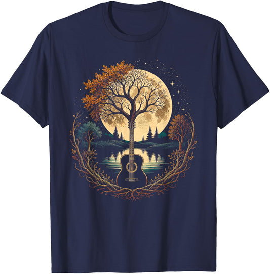 Acoustic Guitar Tree By The Lake Autumn Moon T-Shirt - T-Shirt | Navy