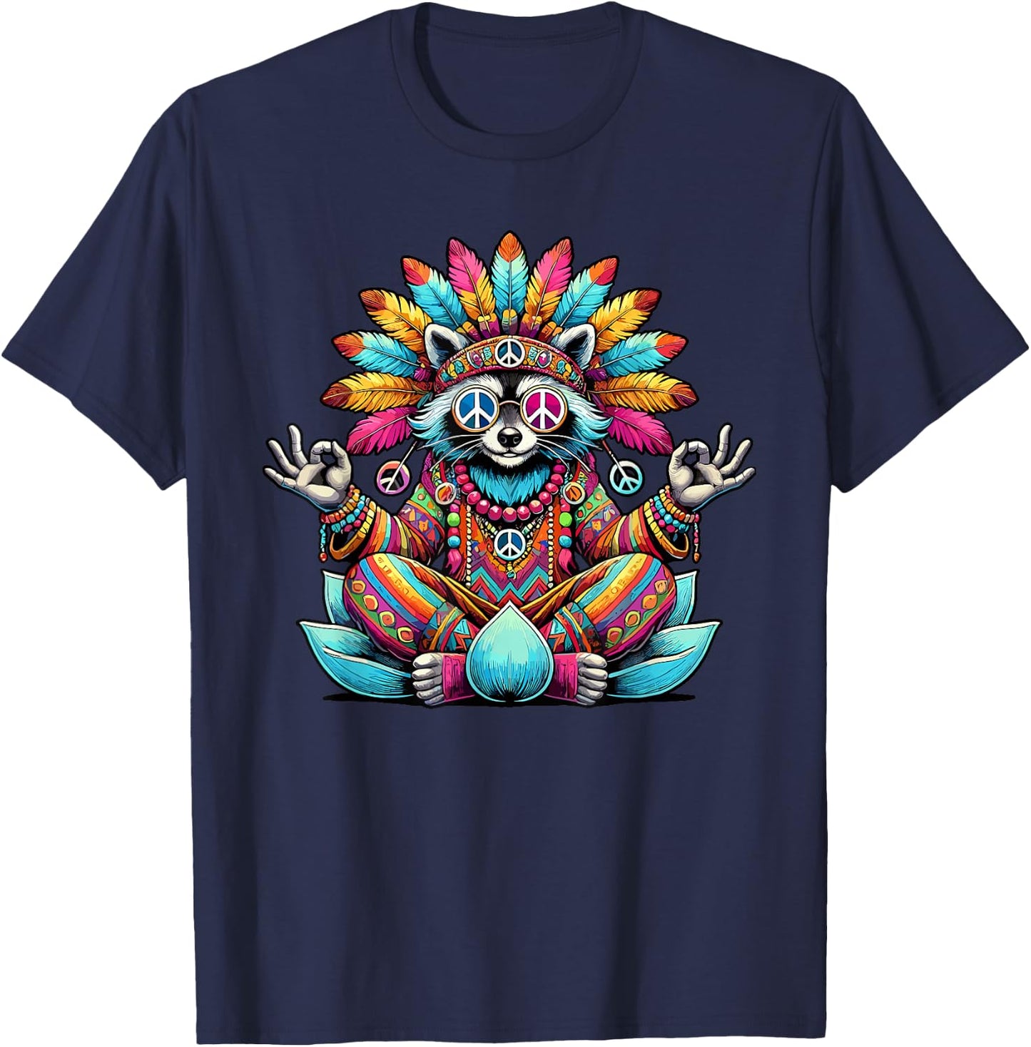 Raccoon Hippie Costume Peace Sign 70s 60s Party 70s 70s , Black, S T-Shirt - T-Shirt | Navy