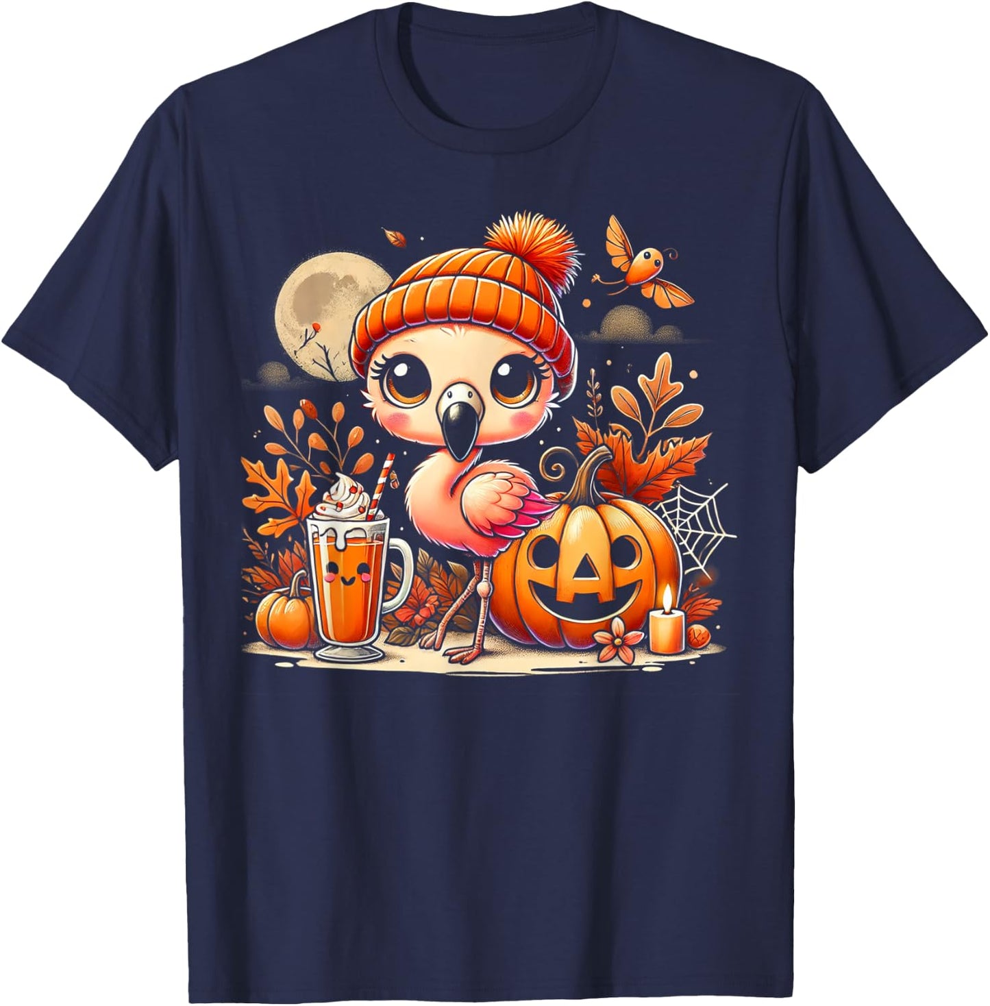 Cute flamingo in Autumn with Pumpkin Drink T-Shirt - T-Shirt | Navy