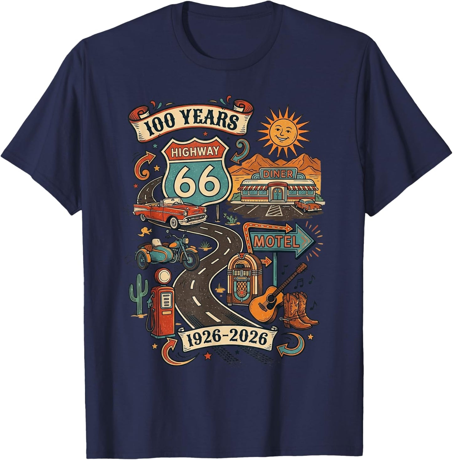 Highway 66 100 Years Centennial 1926-2026 Road Trip Vintage T-Shirt - T-Shirt | Navy