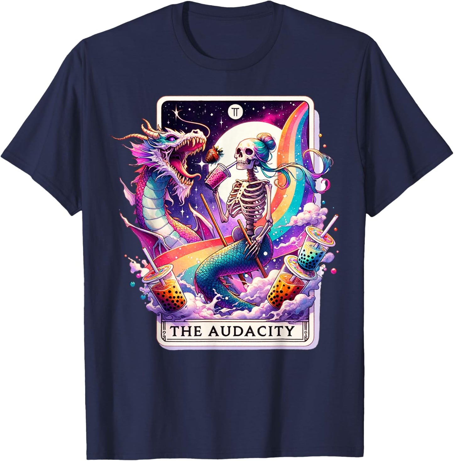 The Audacity Tarot Mermaid Skeleton Messy Bun Rainbow Boba T-Shirt - T-Shirt | Navy