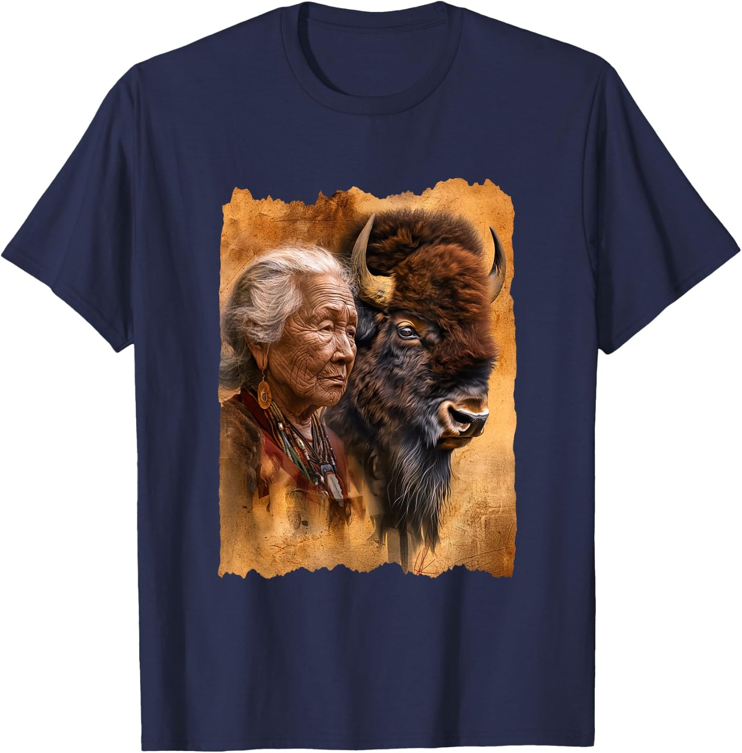 Native American Woman With Buffalo Or Bison T-Shirt - T-Shirt | Navy