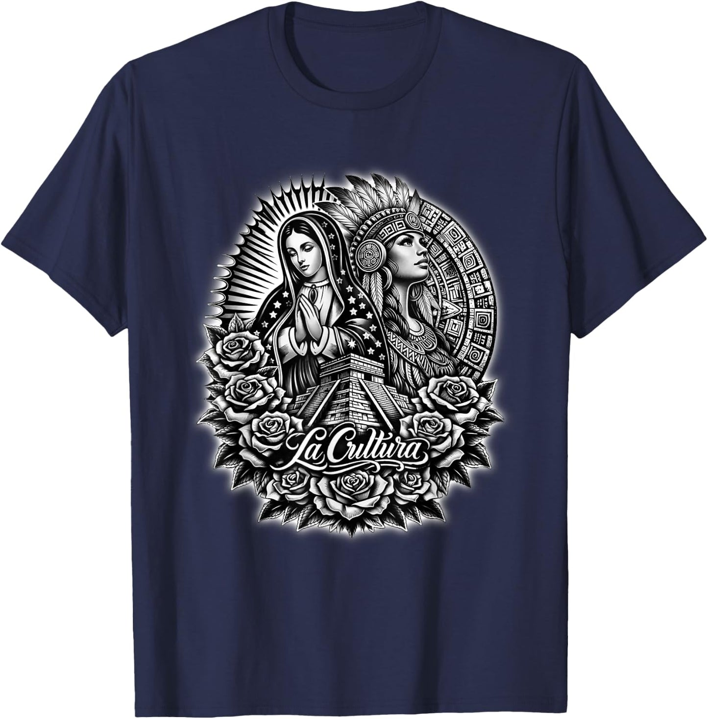 Virgen De Guadalupe Aztec Princess Mexico Azteca Mayan T-Shirt - T-Shirt | Navy