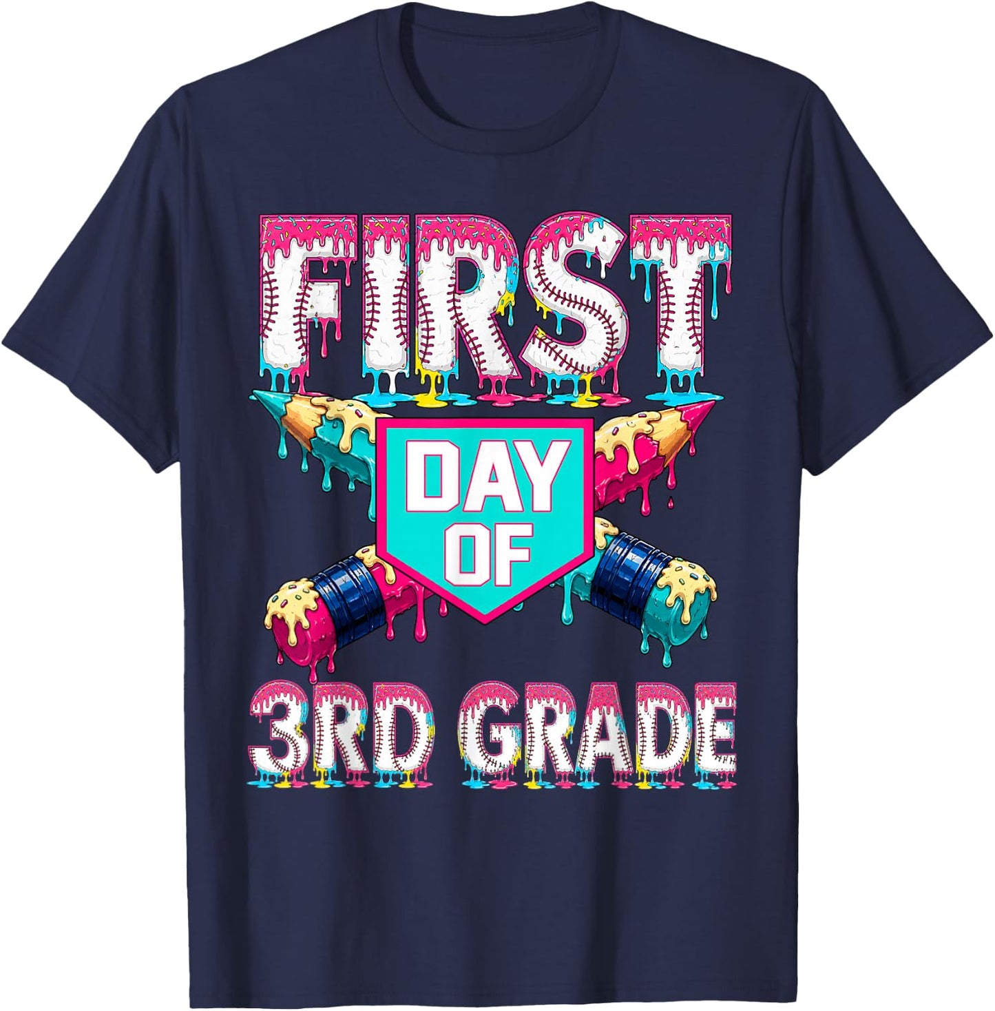 First Day School 3rd Grade Third Drip Baseball Teacher Boy T-Shirt - T-Shirt | Navy