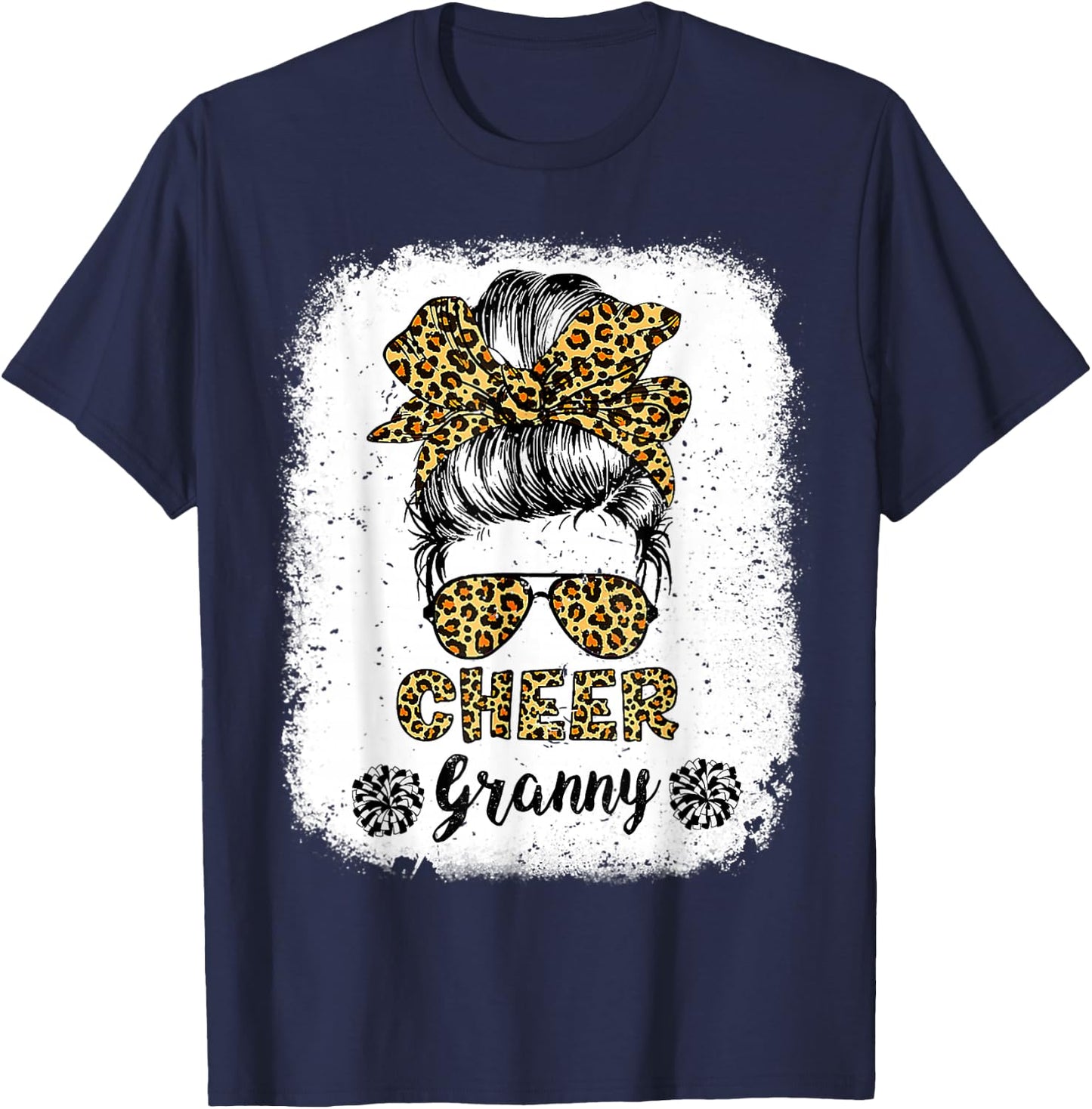 Cheer Granny Leopard Messy Bun Cheerleader Bleached T-Shirt - T-Shirt | Navy