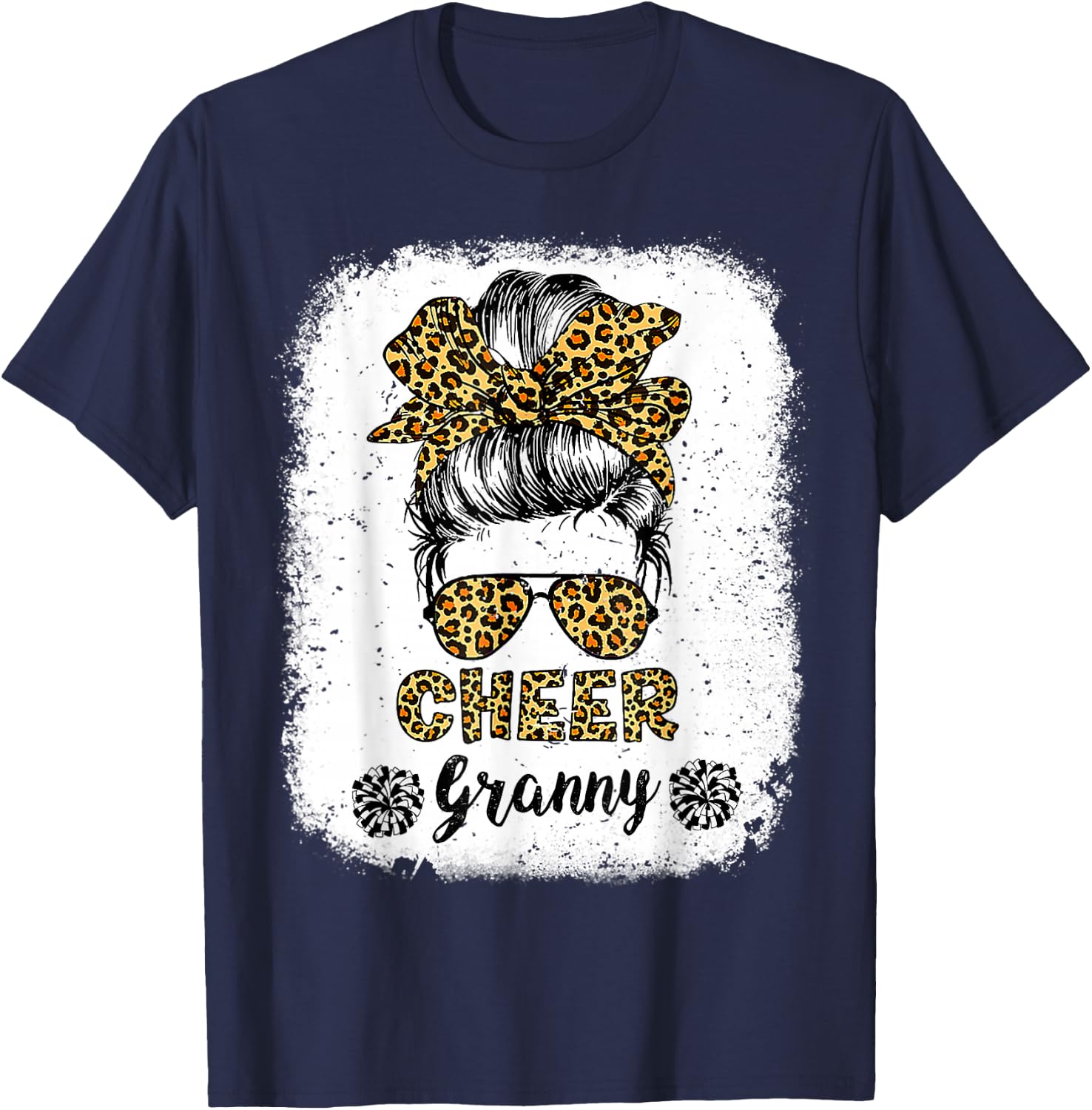 Cheer Granny Leopard Messy Bun Cheerleader Bleached T-Shirt - T-Shirt | Navy