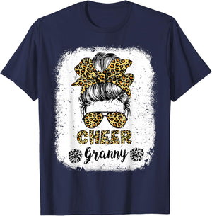 Cheer Granny Leopard Messy Bun Cheerleader Bleached T-Shirt - T-Shirt | Navy