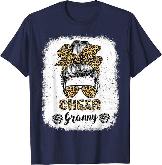Cheer Granny Leopard Messy Bun Cheerleader Bleached T-Shirt - T-Shirt | Navy
