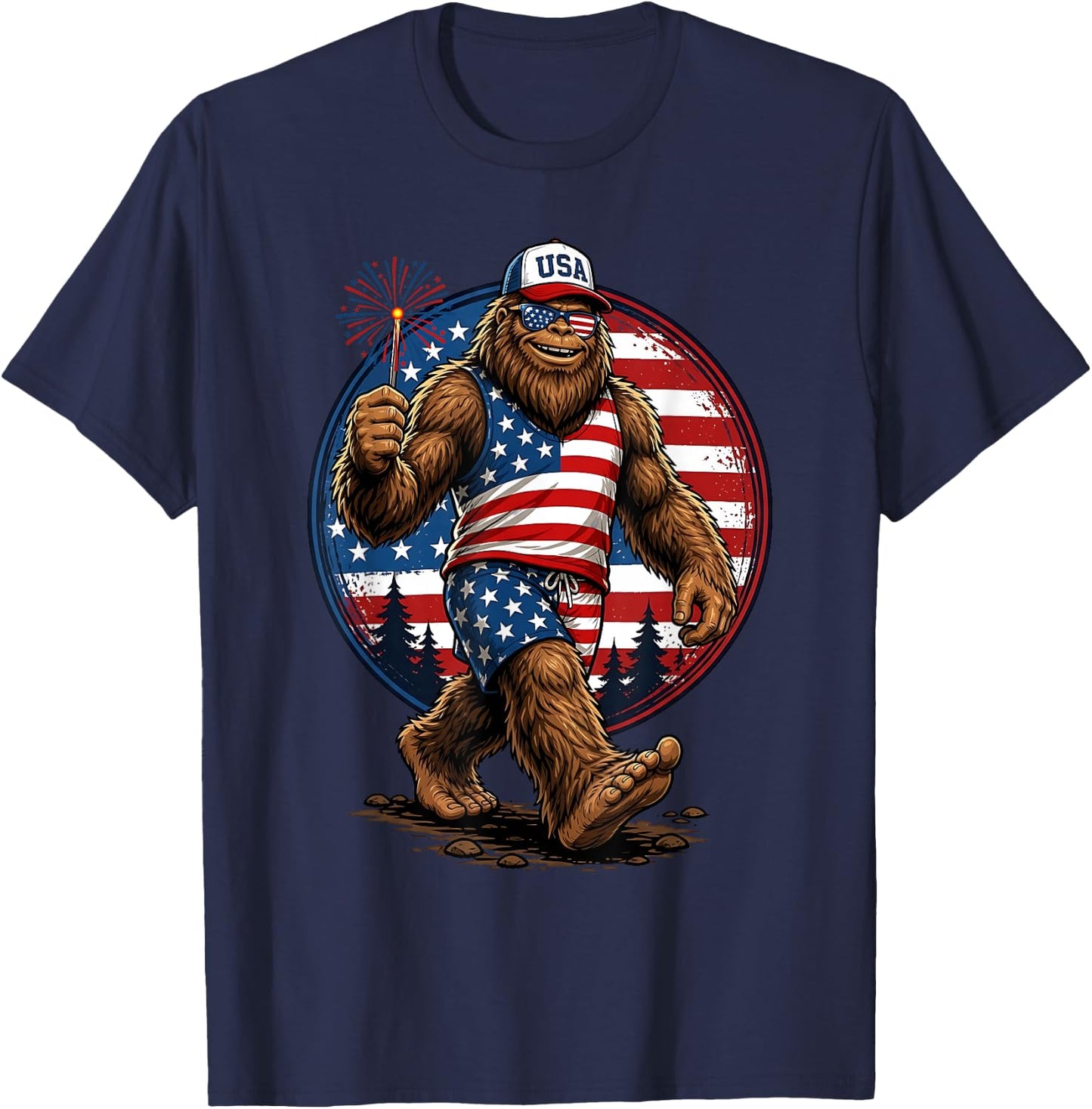 Funny Bigfoot Fireworks 4th of July Patriotic Men Boys T-Shirt - T-Shirt | Navy