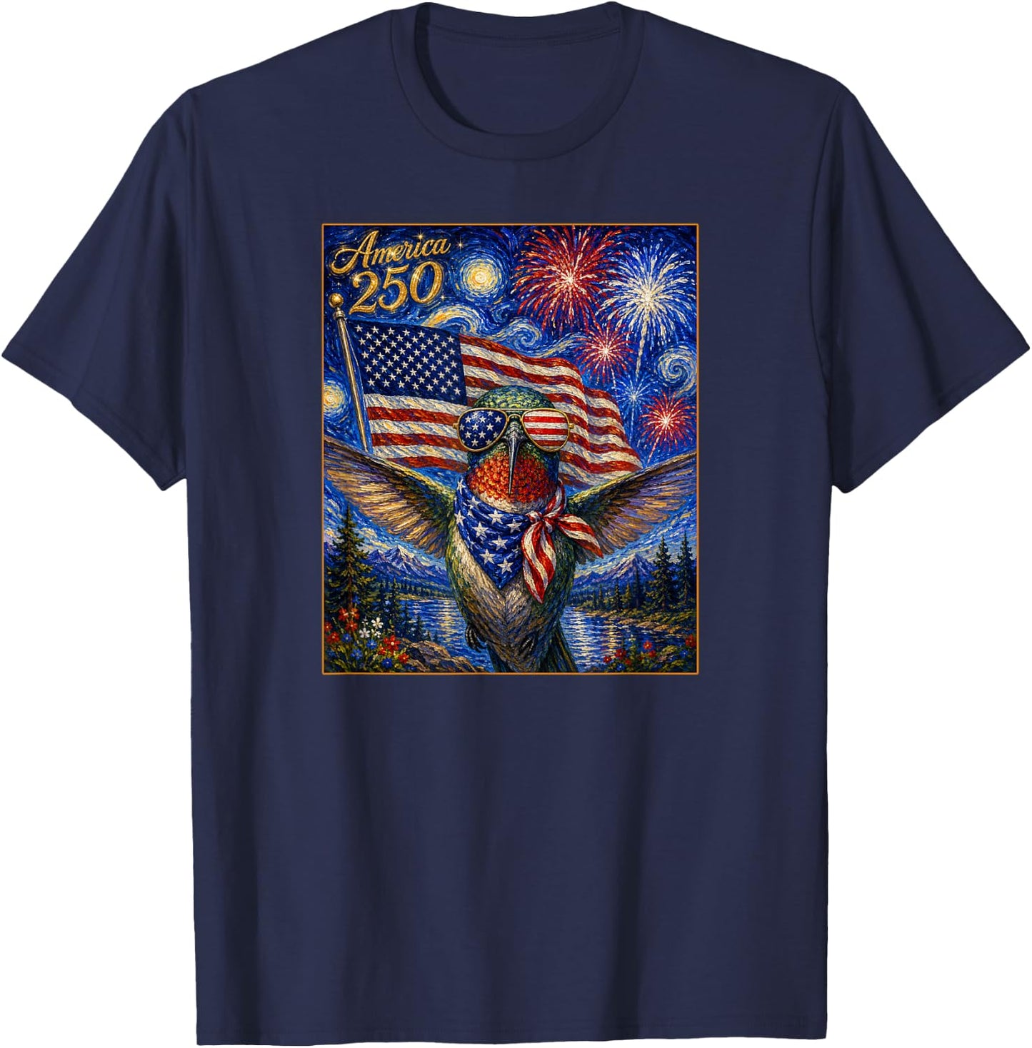 Hummingbird Art on America 250 4th of July USA Flag Bird T-Shirt - T-Shirt | Navy