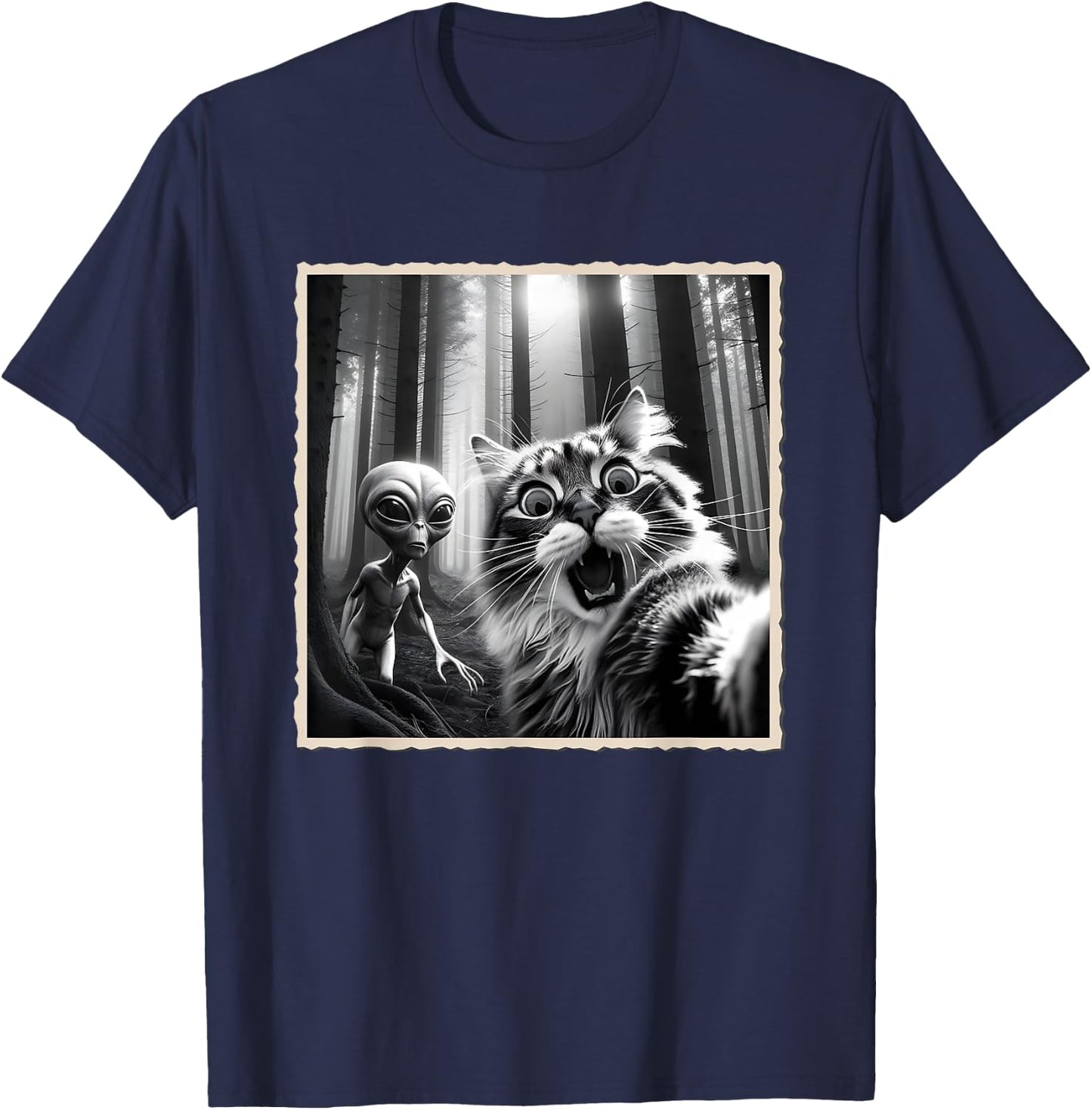 Cat Selfie with Alien, Alien UFO & Funny Cat T-Shirt - T-Shirt | Navy
