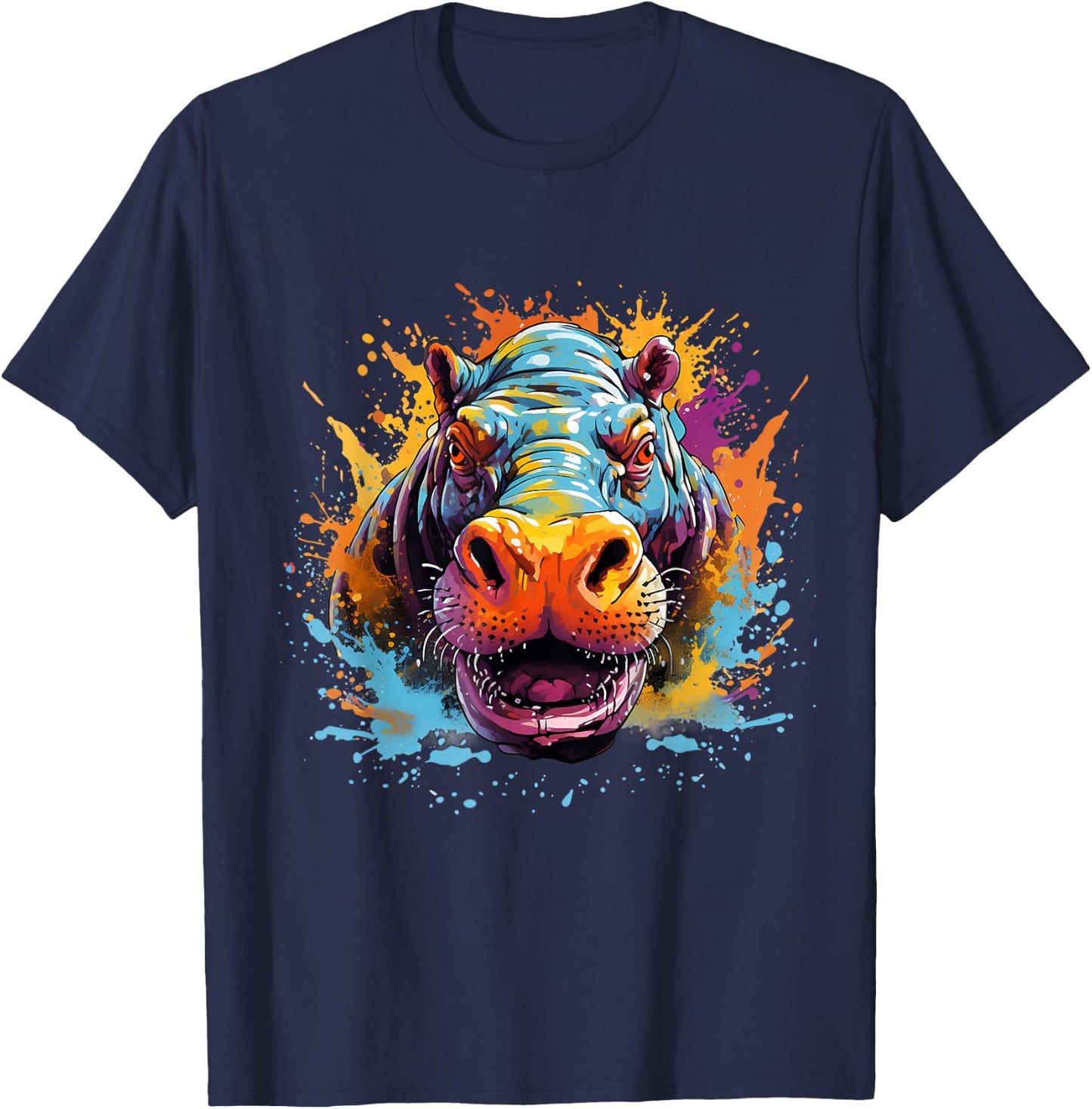 Hippo Hippopotamus Colourful Portrait Motif Artwork Splash T-Shirt - T-Shirt | Navy