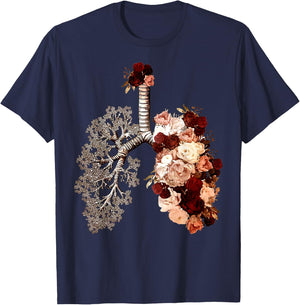 Anatomical Lungs And Bloom Roses Floral T-Shirt - T-Shirt | Navy