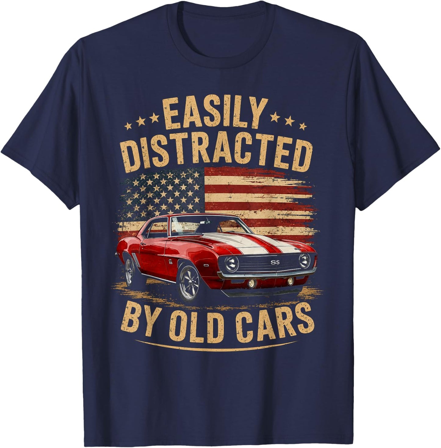 Easily Distracted by Old Cars Classic Car Guy Funny Vintage T-Shirt - T-Shirt | Navy