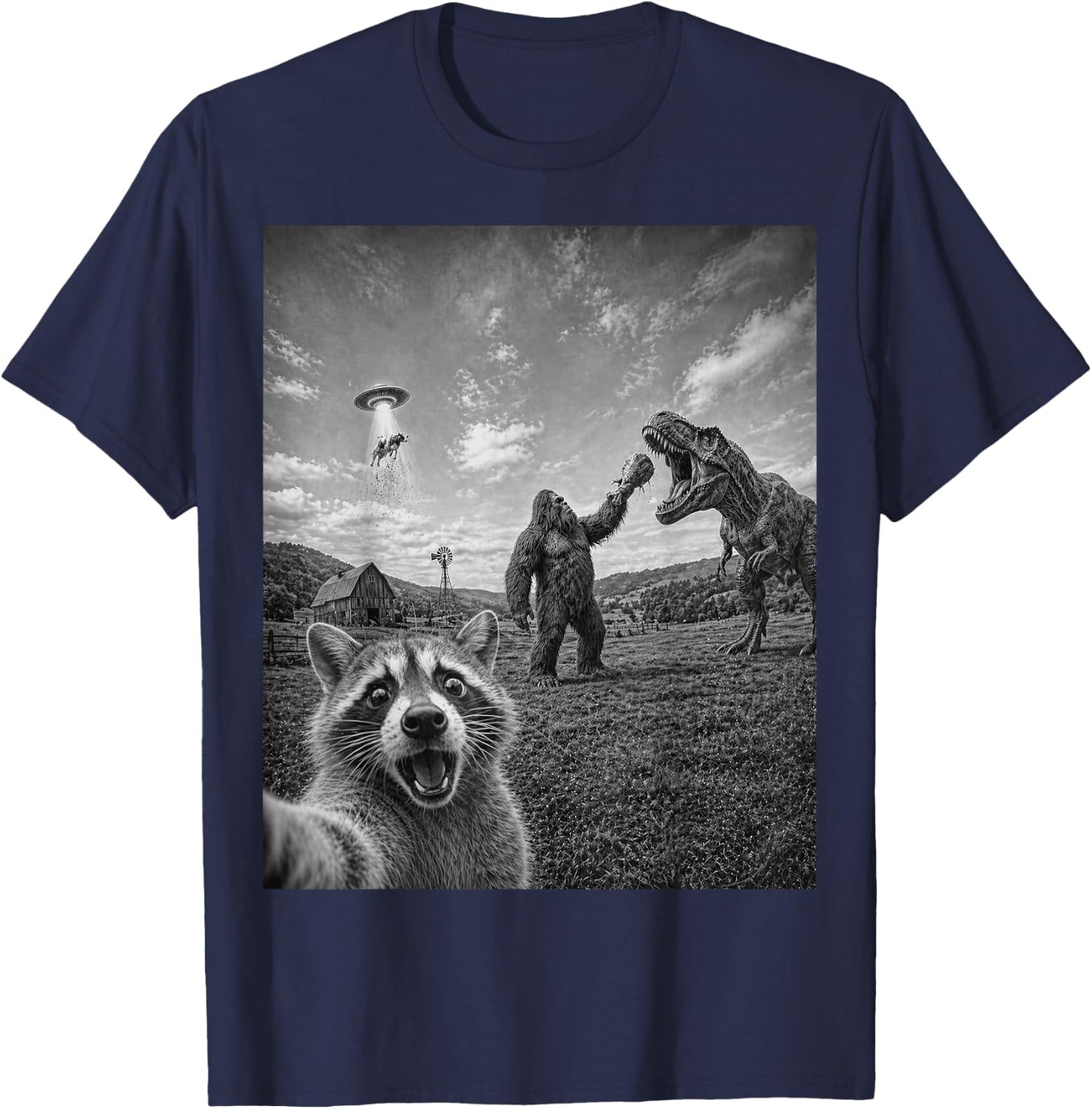 Funny Raccoon Selfie with Bigfoot T Rex Dinosaur and UFO T-Shirt - T-Shirt | Navy