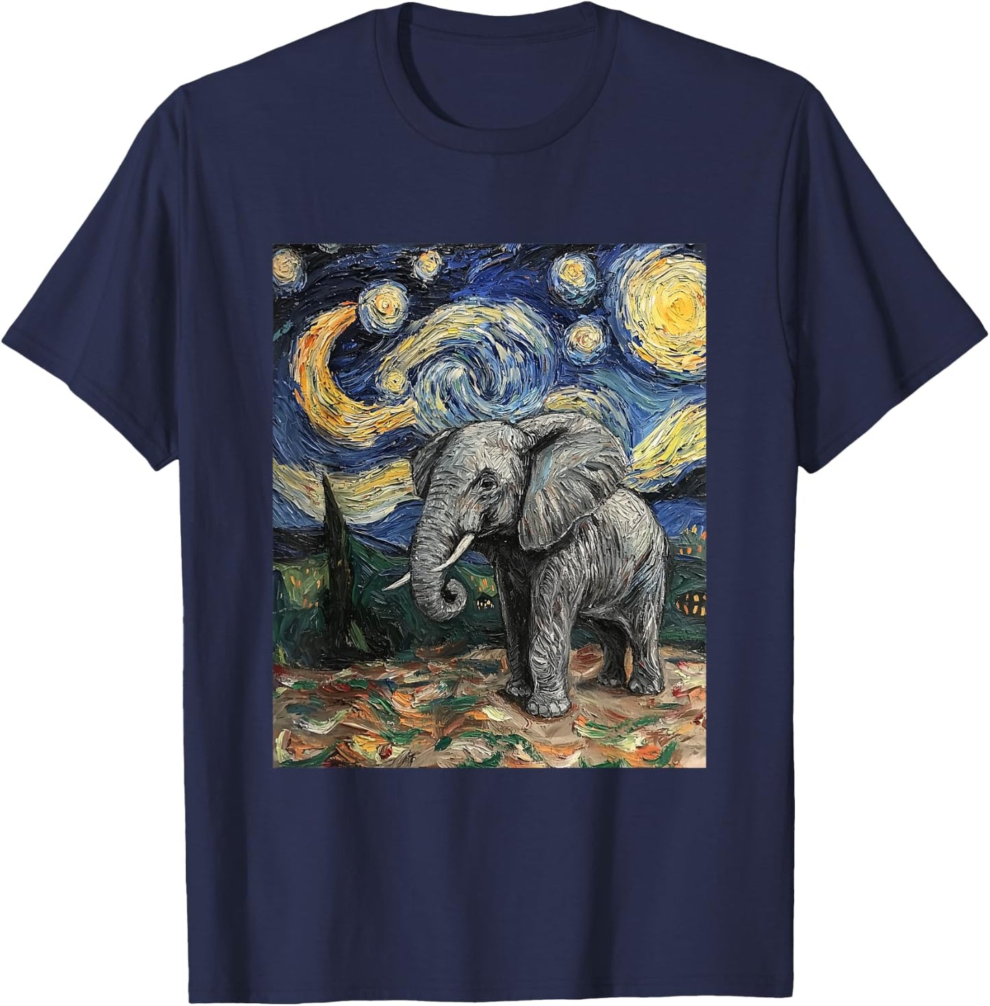 Cute Elephant Africa - Van Gogh Style - Starry Night T-Shirt - T-Shirt | Navy