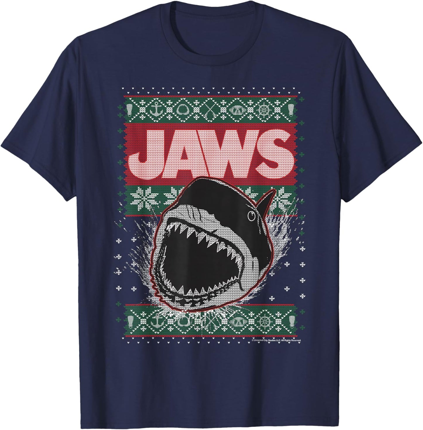 Jaws Christmas Ugly Sweater T-Shirt - T-Shirt | Navy