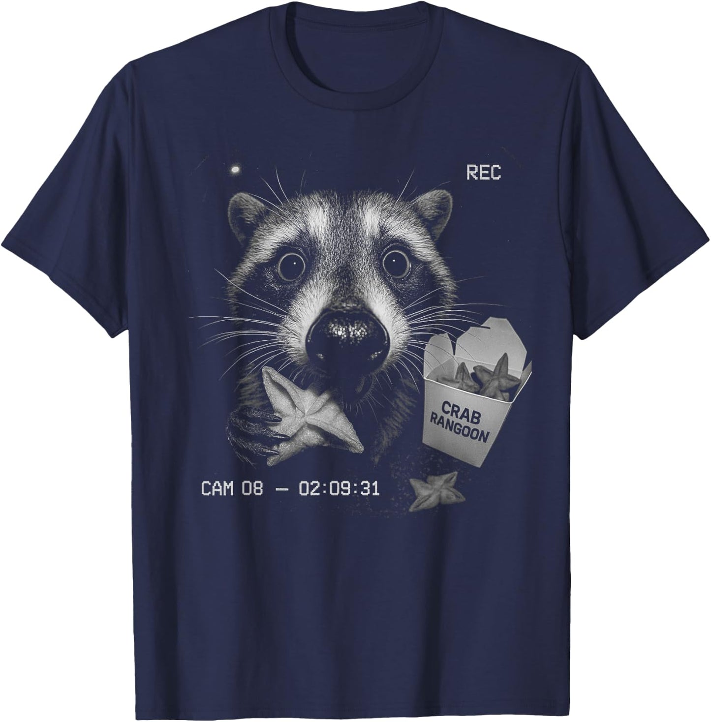 Funny Raccoon Eating Crab Rangoon Feral Security Camera Joke T-Shirt - T-Shirt | Navy