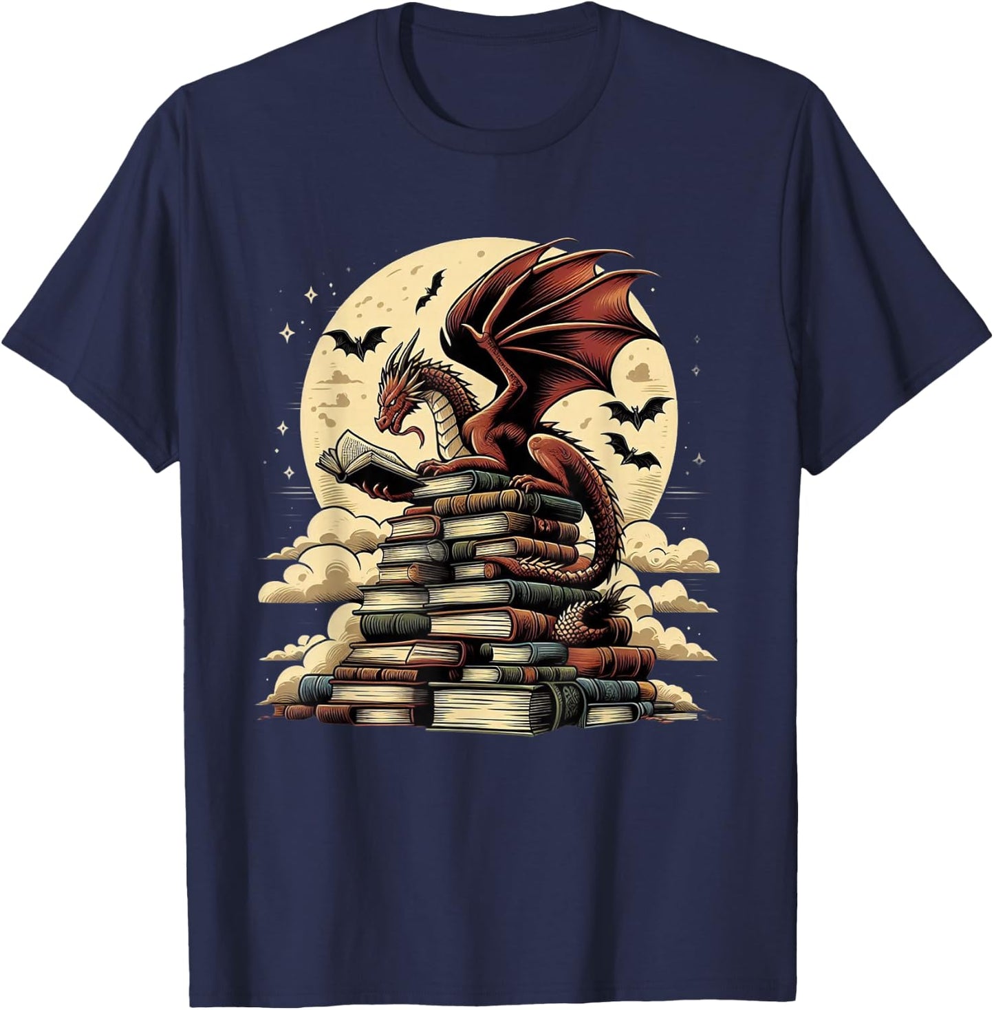 Dragon Reading a Book Dragons and Books Lover Bookworm T-Shirt - T-Shirt | Navy