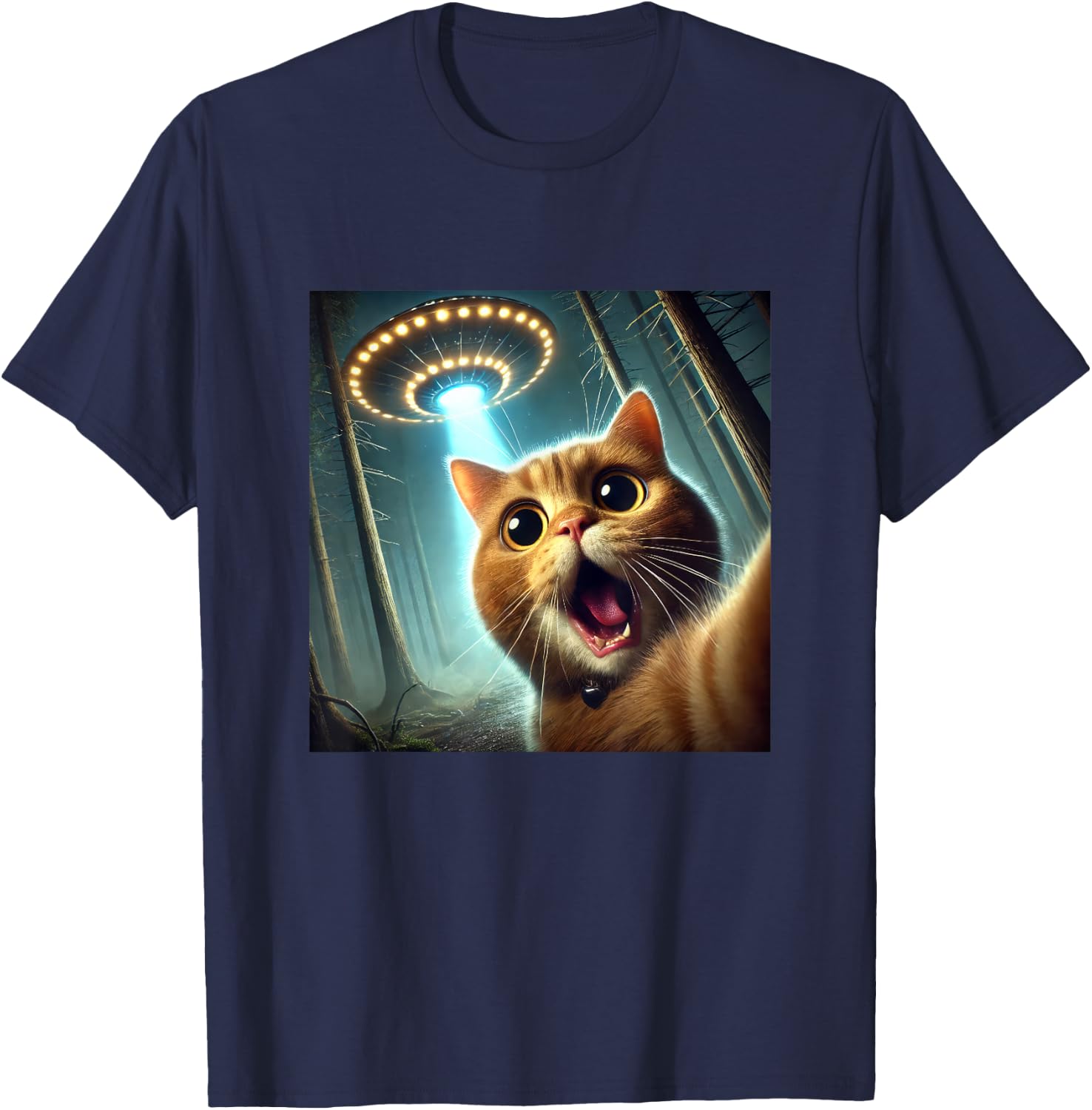 Cat Selfie With UFO Funny Alien UFO T-Shirt - T-Shirt | Navy