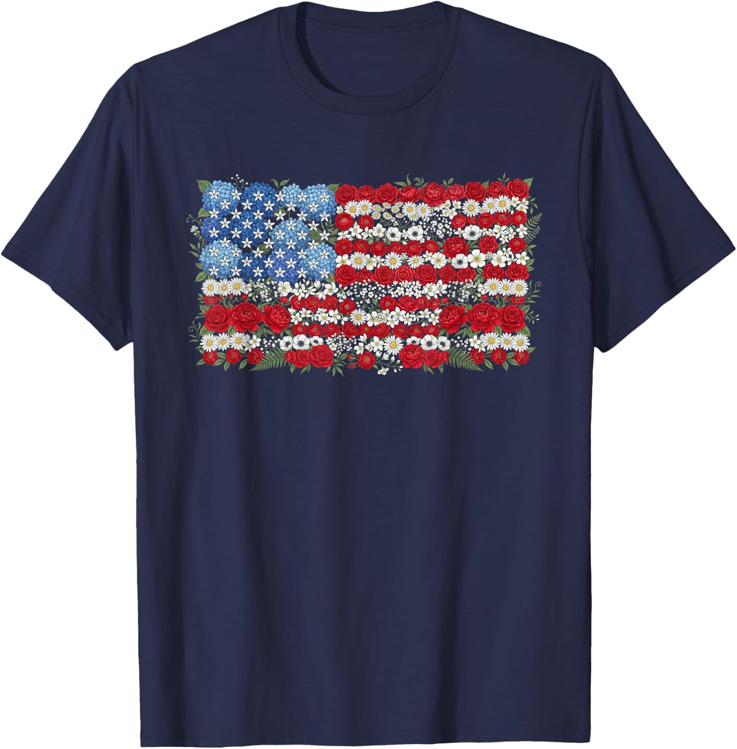 USA Floral American Flag Flower 4th of July T-Shirt - T-Shirt | Navy