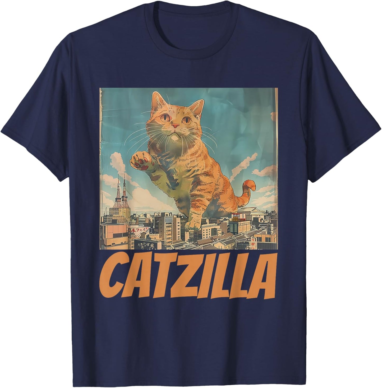 Funny Orange Cat Catzilla Japanese Art Women T-Shirt - T-Shirt | Navy