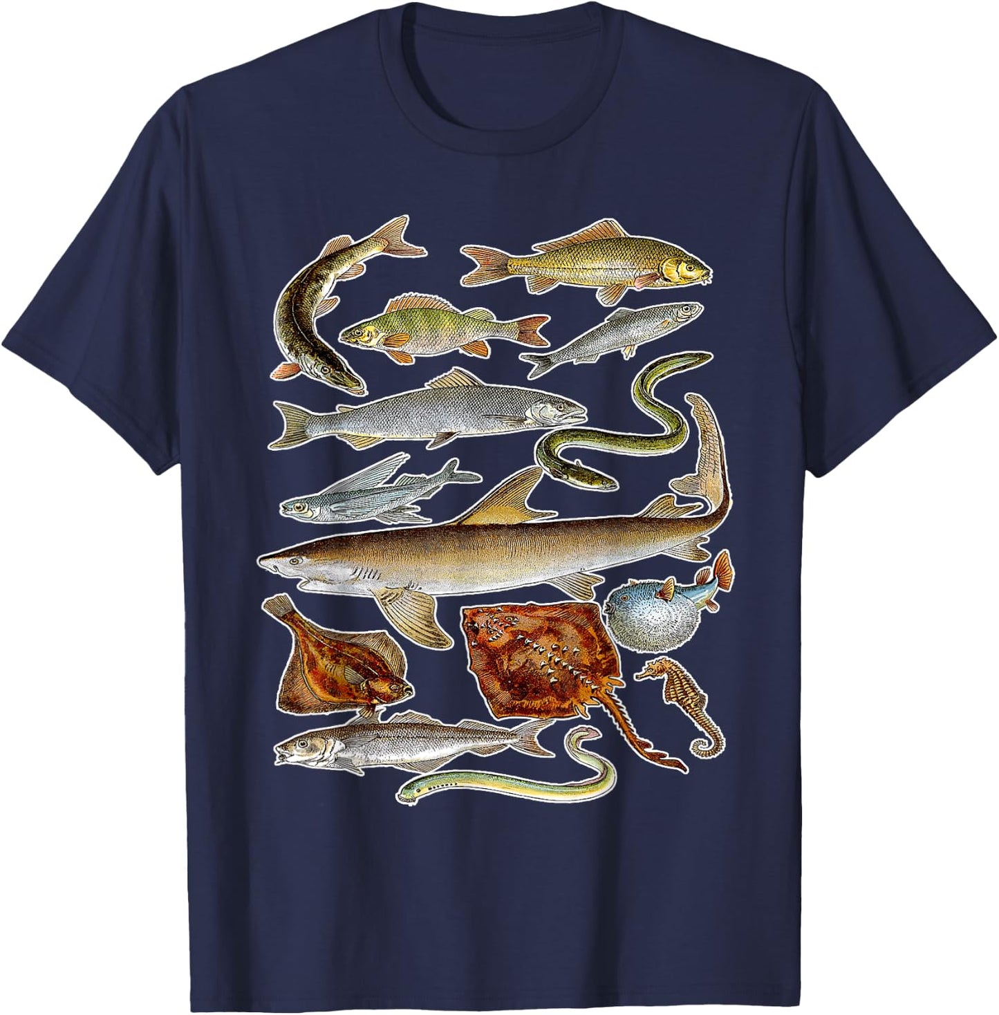 Sea Animals - Fish Sharks and Eels Illustration T-Shirt - T-Shirt | Navy