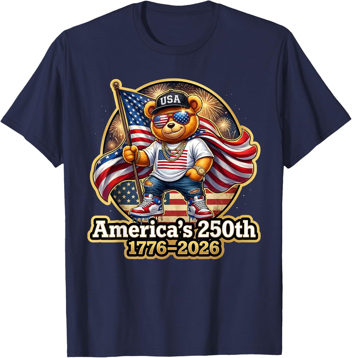 Stylish Teddy Bear America's 250th Anniversary 1776 2026 T-Shirt - T-Shirt | Navy