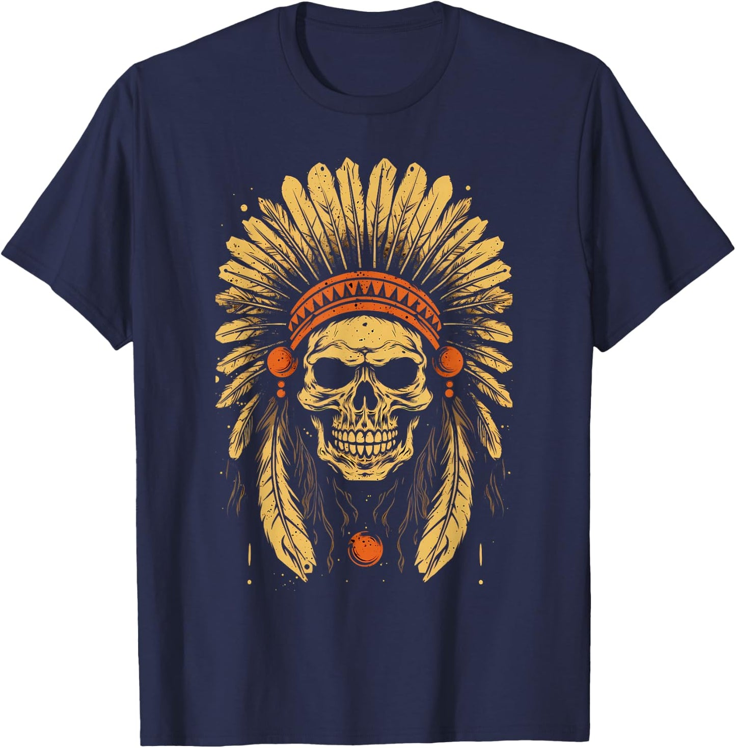 Skull Indian Headdress, Skull Chief Indian Skull Motorcycle T-Shirt - T-Shirt | Navy
