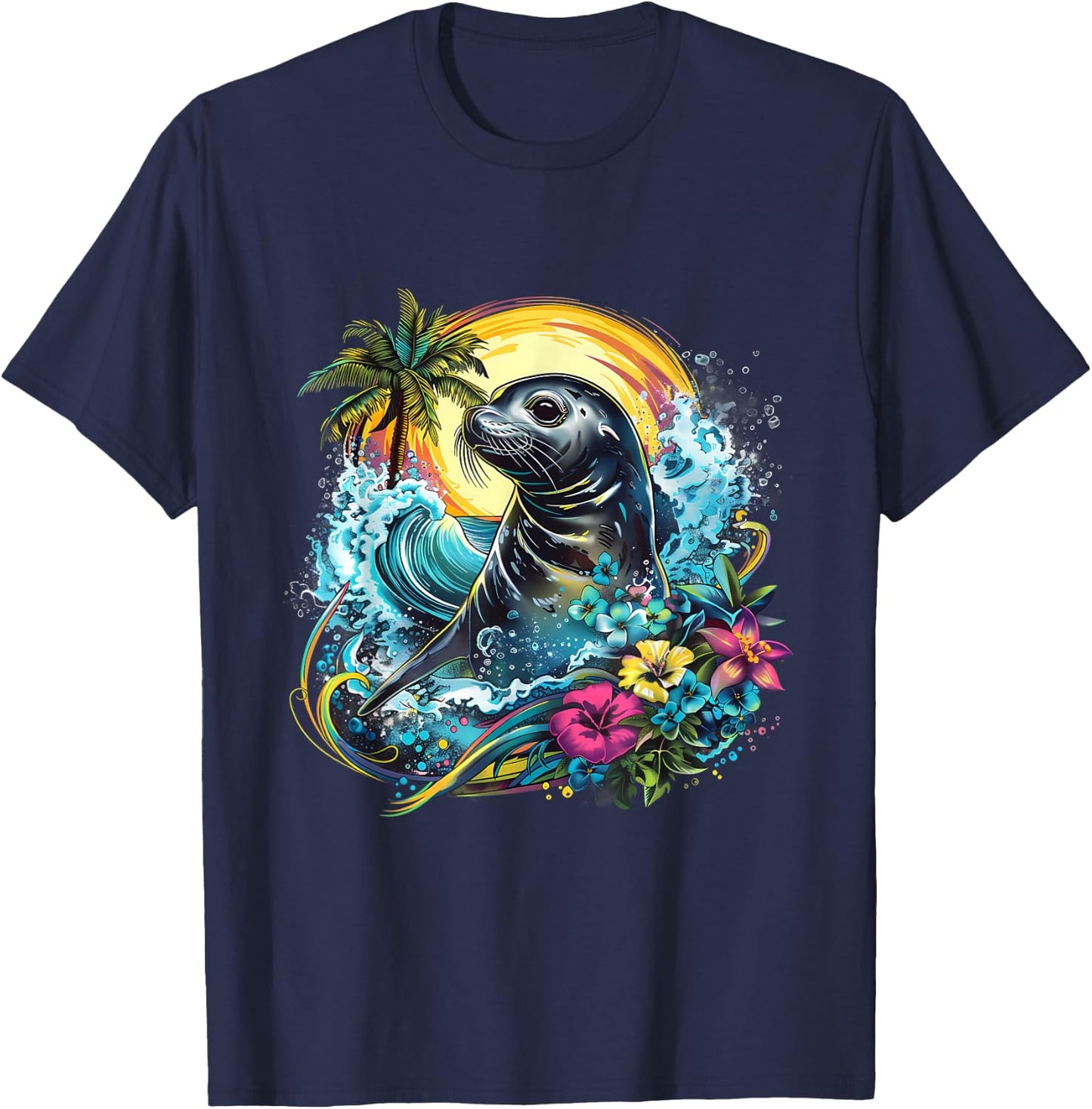 Seal Floral Marine Mammal Motif Seal Lover Ocean Sea Animal T-Shirt - T-Shirt | Navy