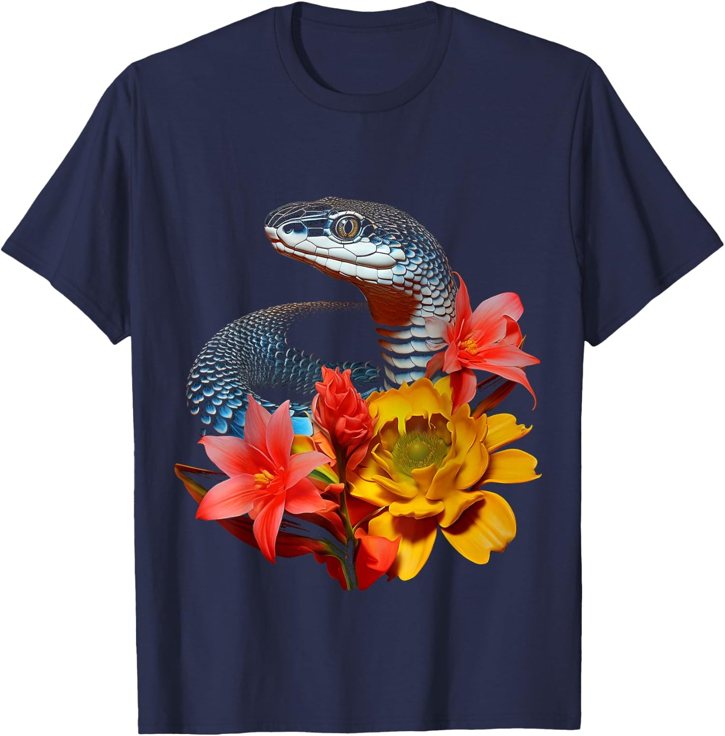 Snake Love Flowers Animal Portrait Art Graphic Snake T-Shirt - T-Shirt | Navy