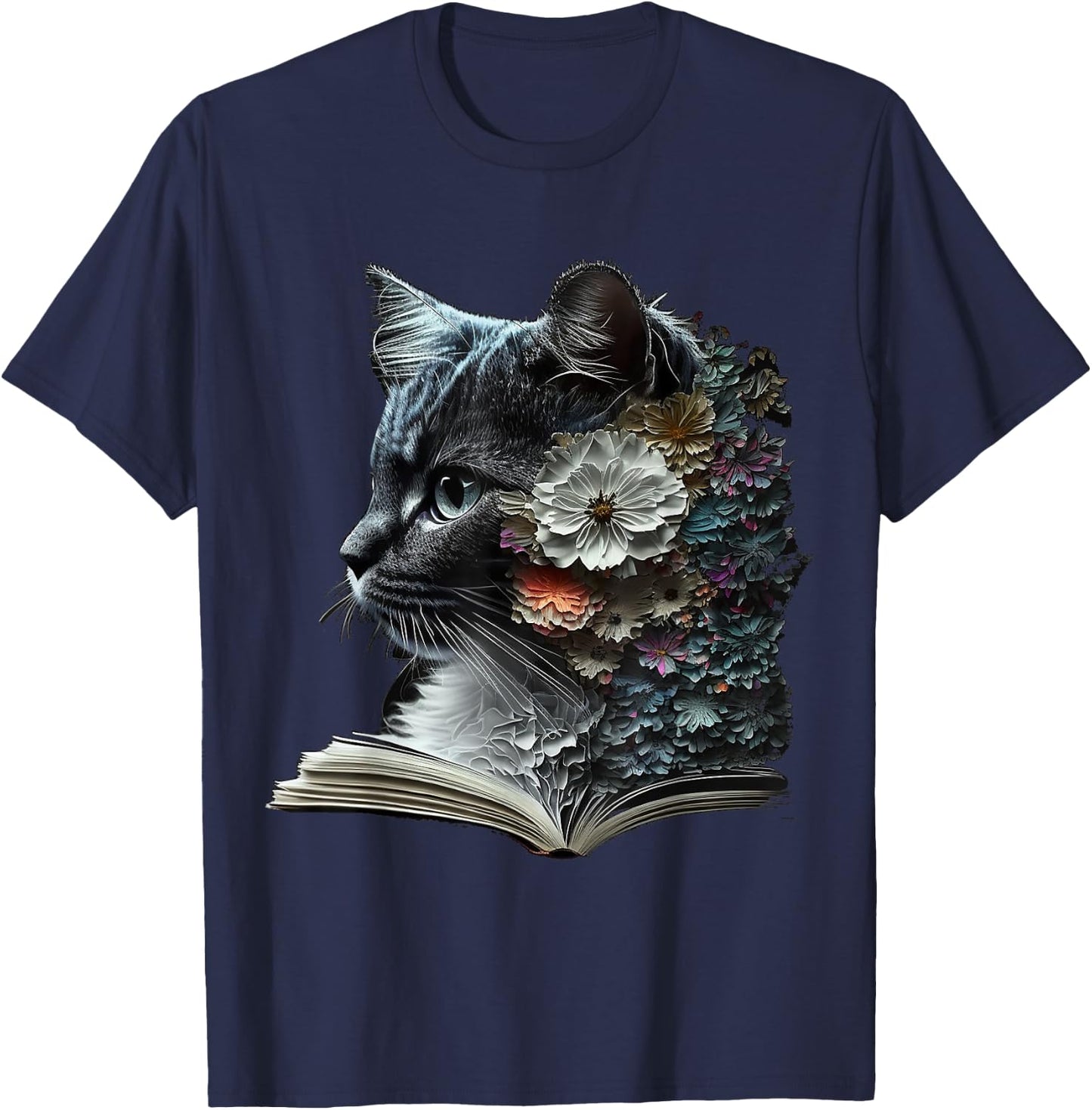 Cat Art Book Cat Motif Flowers Cat , black T-Shirt - T-Shirt | Navy