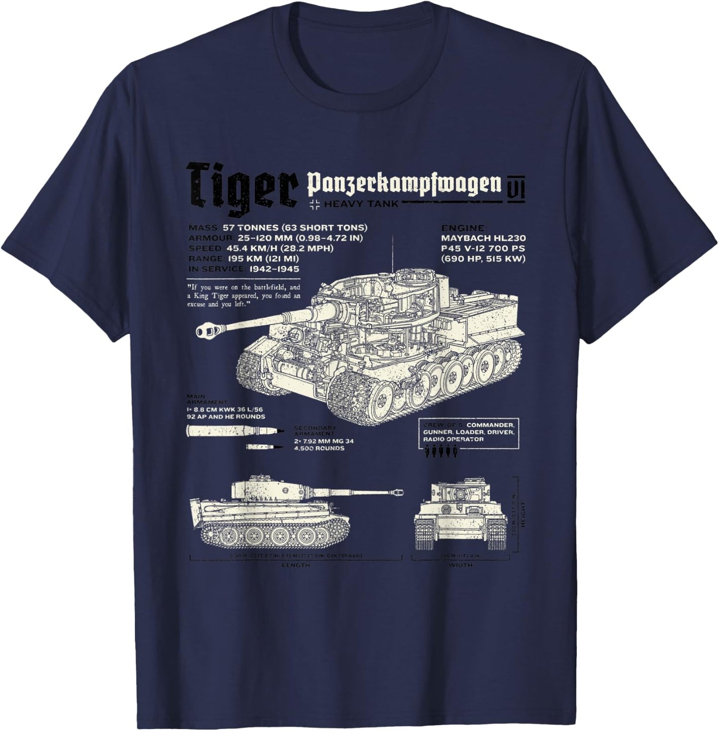 Tiger Tank Panzer World War 2 Blueprint T-Shirt - T-Shirt | Navy