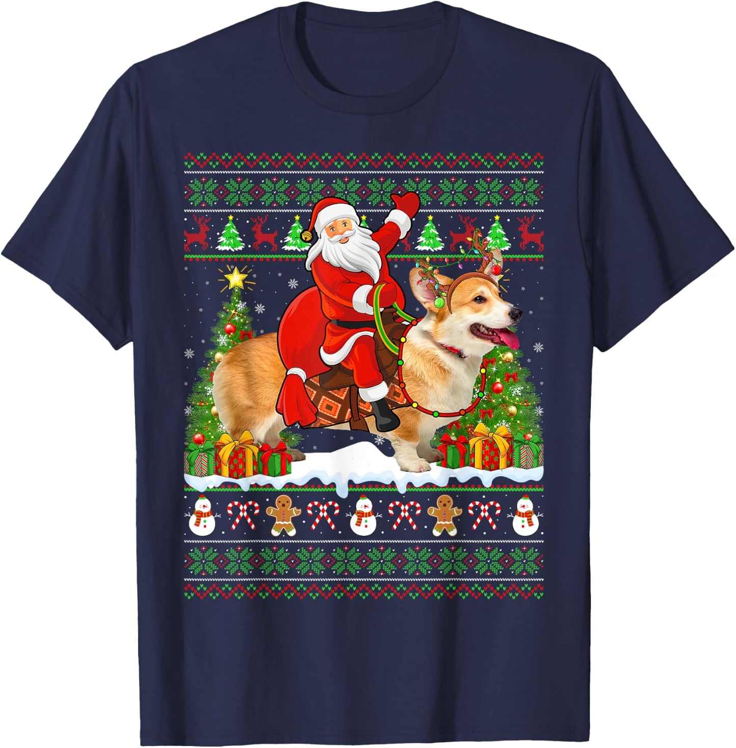 Corgi Dog Lover Funny Ugly Santa Riding Corgi Christmas T-Shirt - T-Shirt | Navy
