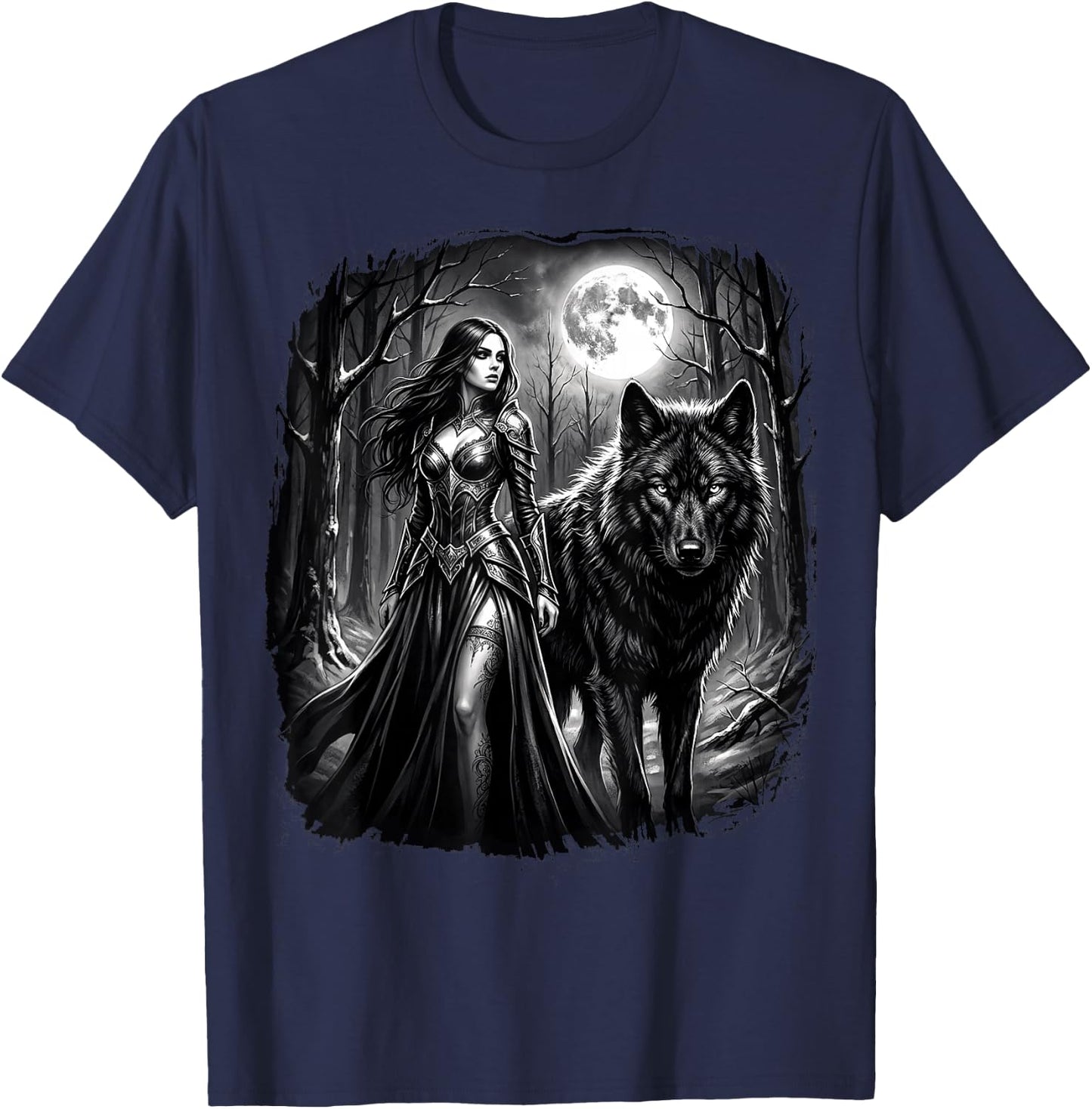 Fantasy Kriegerin Wolf Vollmond Gothic Motiv T-Shirt - T-Shirt | Navy