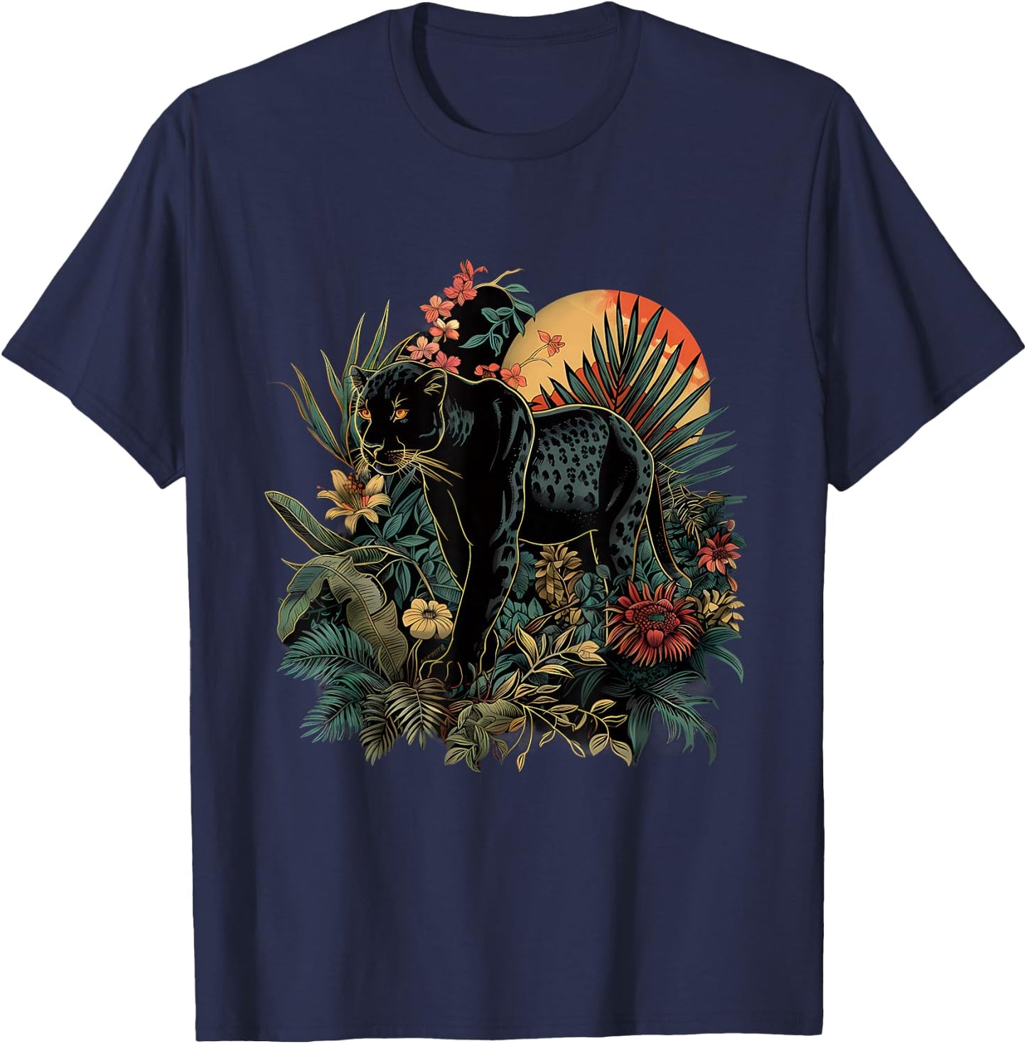 Panther Jungle Nature Artwork Moon Tropical Animal Art T-Shirt - T-Shirt | Navy