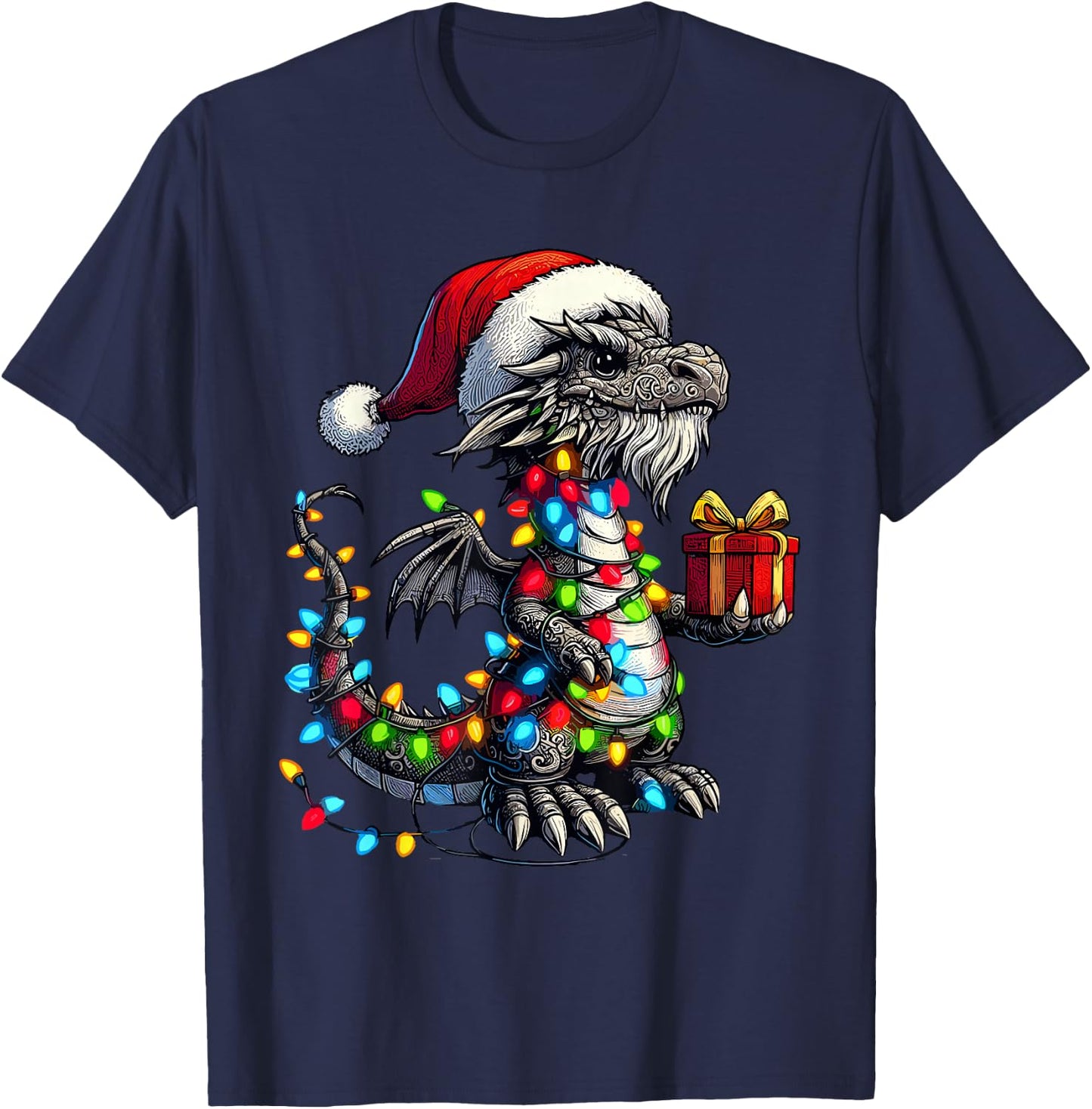 Dragon Wearing Santa Claus Hat Holding A Present Box Xmas T-Shirt - T-Shirt | Navy