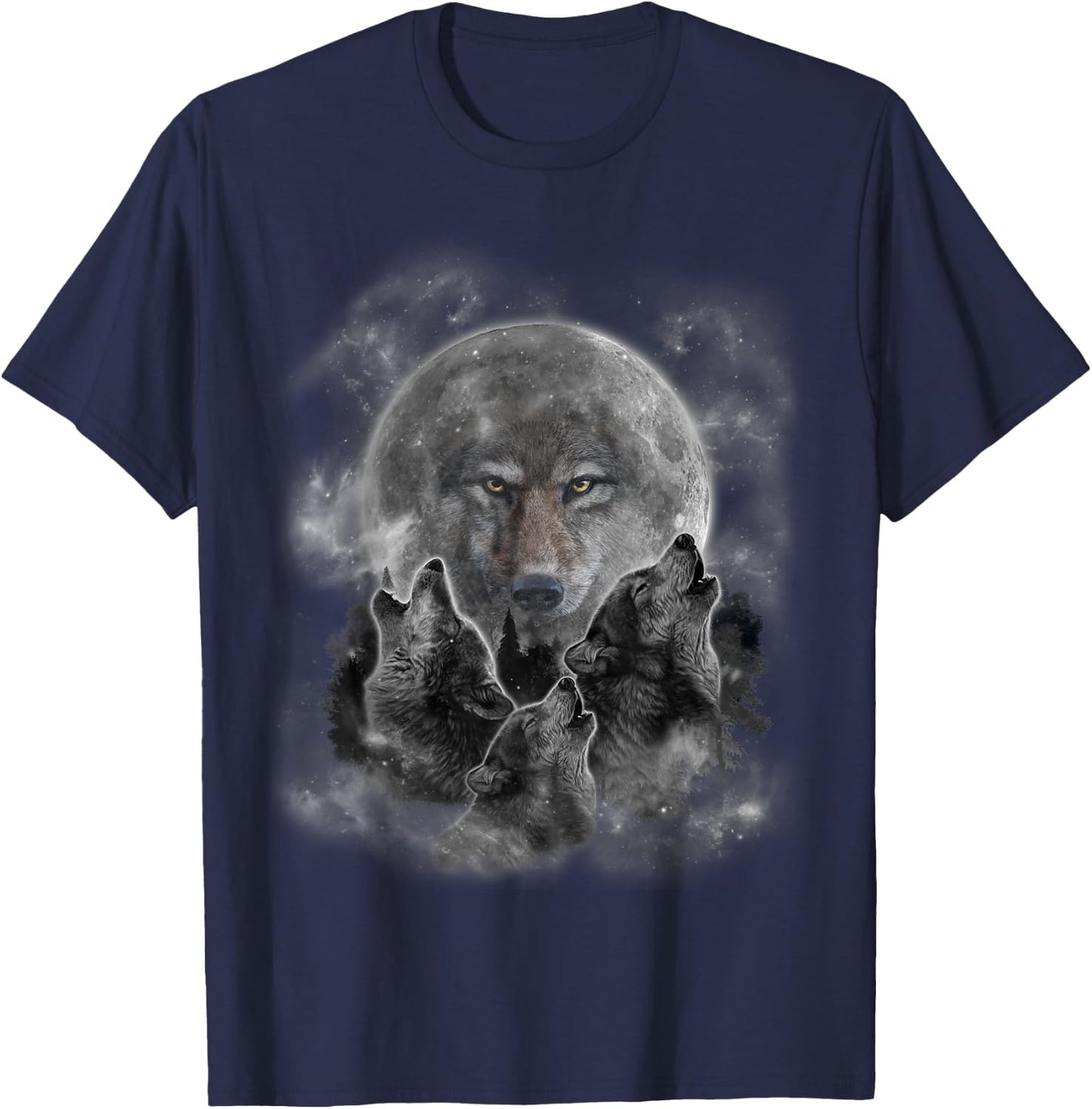 Three Wolves Howling, Full Moon w Wolf Silhouette T-Shirt - T-Shirt | Navy