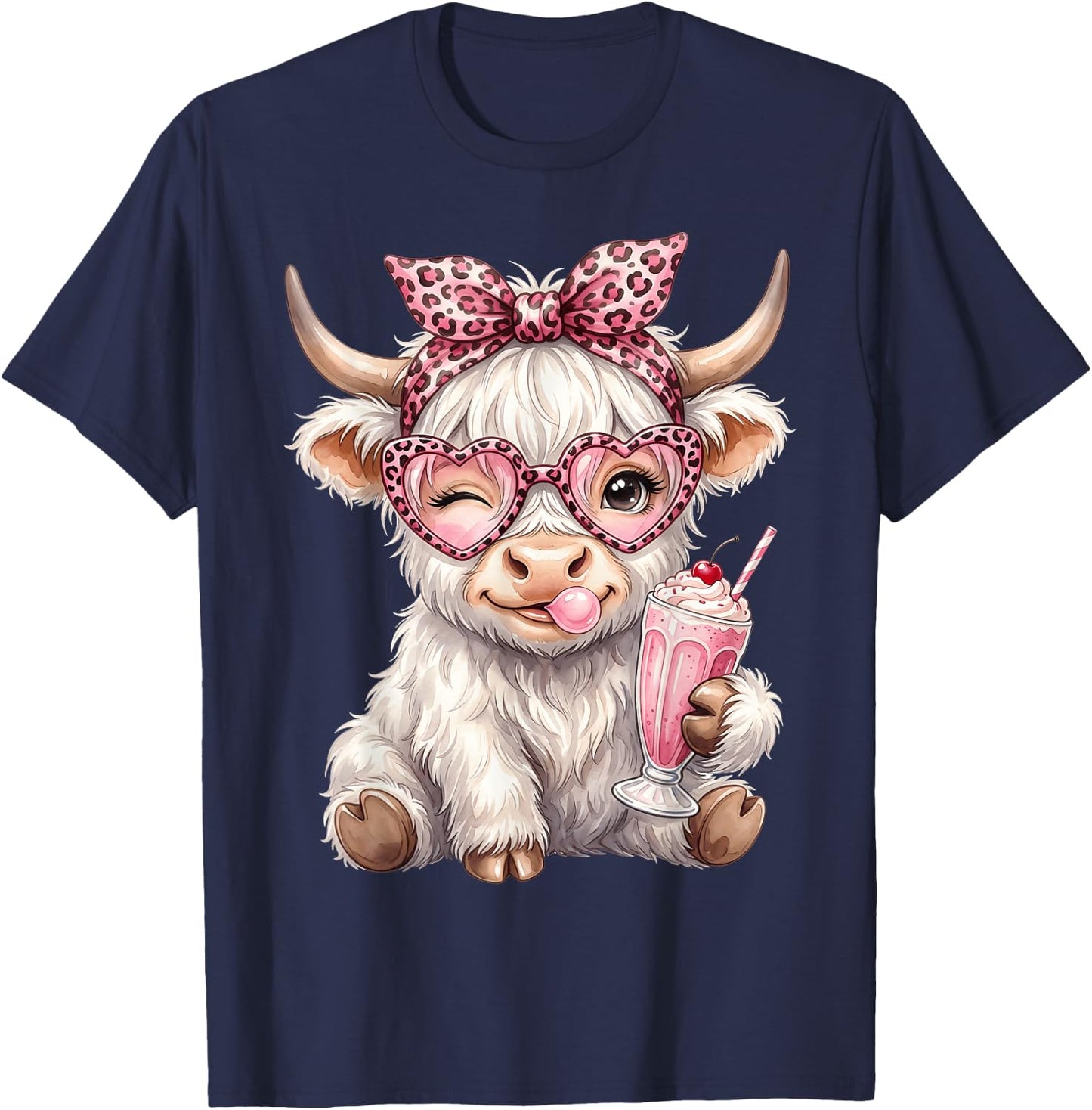Scottish Highland Cow Eating Gum Bubblegum T-Shirt - T-Shirt | Navy