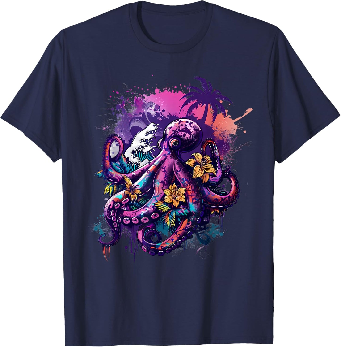 Octopus Sea Creature Artwork Floral Kraken Sea Ocean Octopus T-Shirt - T-Shirt | Navy