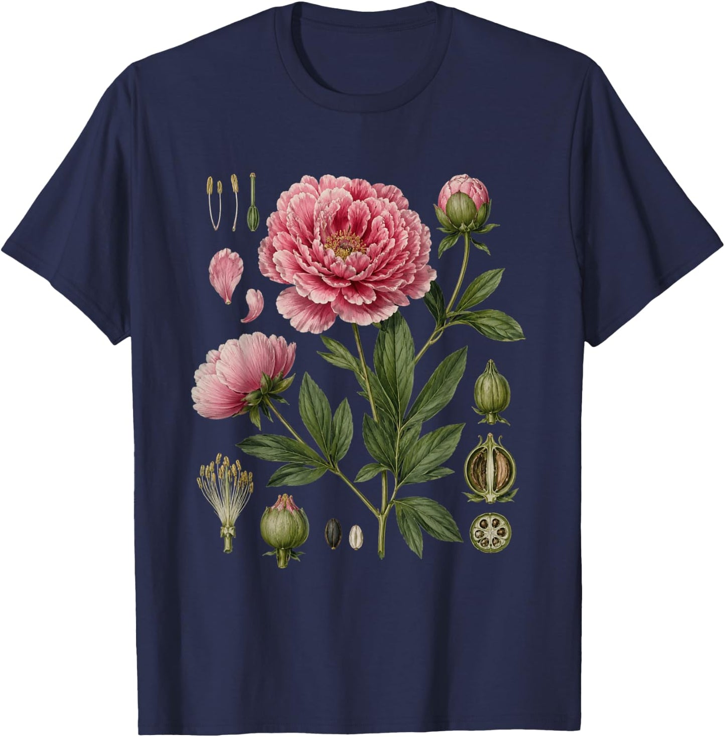 Peony Anatomy Botanical Illustration Women Flower Peony T-Shirt - T-Shirt | Navy