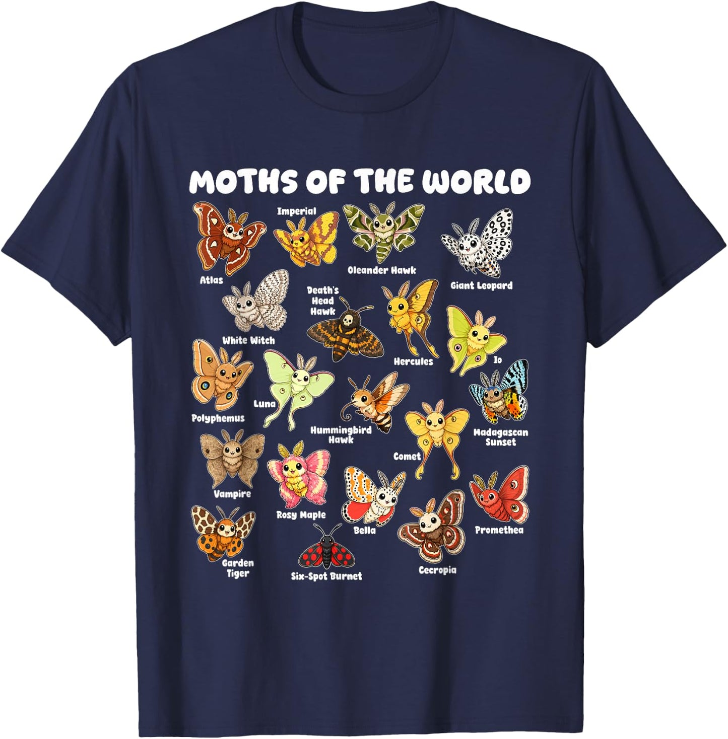 Moths of the World Kawaii Chart Entomology T-Shirt - T-Shirt | Navy