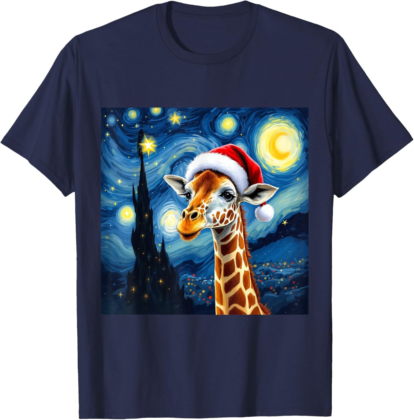 Christmas Giraffe Santa Hat Van Gogh Starry Night Holiday T-Shirt - T-Shirt | Navy