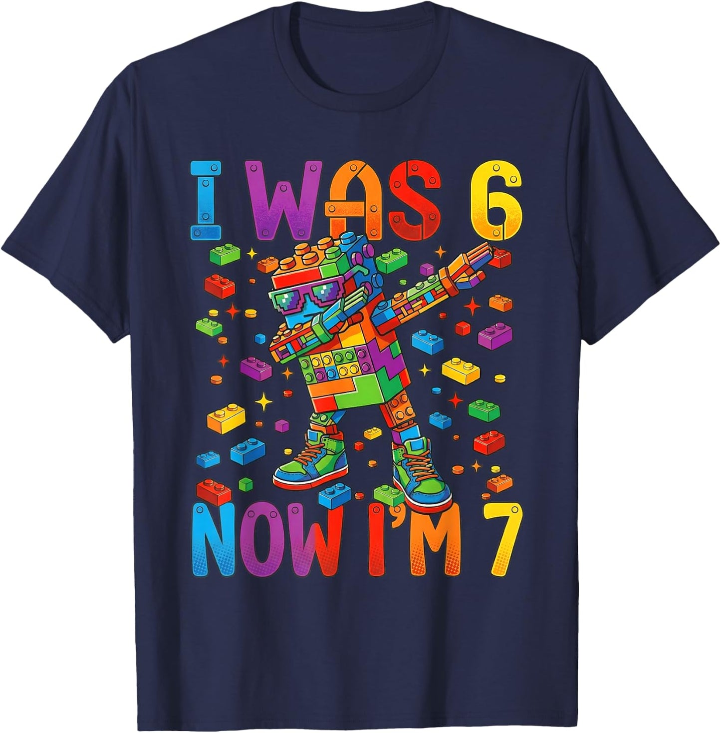 I was 6 Now I'm 7 Birthday Boy Kid Bricks Building Blocks 67 T-Shirt - T-Shirt | Navy