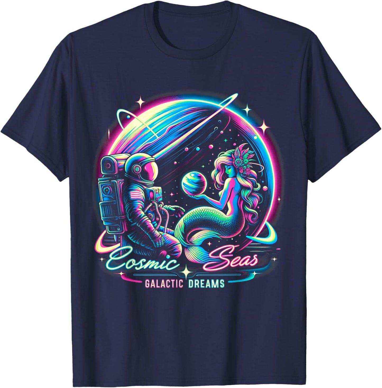 Cosmic Encounter - Astronaut Meets Space Mermaid Psychedelic T-Shirt - T-Shirt | Navy